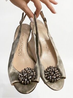 Caparros Silver Metallic Slingback Peep-Toe Heels Crystal Bead Brooch